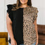 Black Leopard Contrast Block Flutter Sleeve Plus Size Top