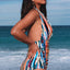 Multicolor Picasso Print Halter Neck Ruched One Piece Swimsuit