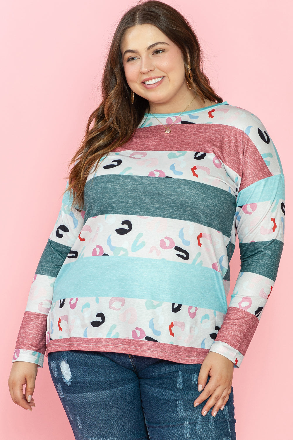 Pink Stripe Plus Size Colorblock Pullover Top