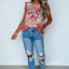 Red Frilled Neck Pleated Boho Floral Tank Top