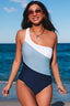 Sky Blue Color Block One Shoulder Backless One Piece Swimwear