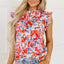 Red Frilled Neck Pleated Boho Floral Tank Top