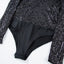 Black Sequin V Neck Zipped Long Sleeve Bodysuit