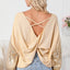 Apricot Sequin Patchwork Sleeve Open Back Waffle Knit Top