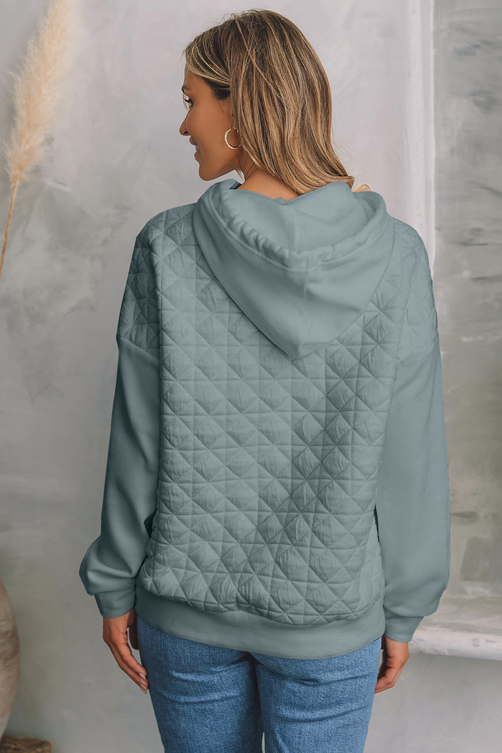 Beige Drop Shoulder Quilted Patchwork Kangaroo Pocket Hoodie