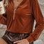 Chestnut Half Zip V Neck Ribbed Velvet Top