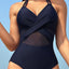 Navy Blue Halter Mesh Insert Cross Front One-Piece Swimsuit