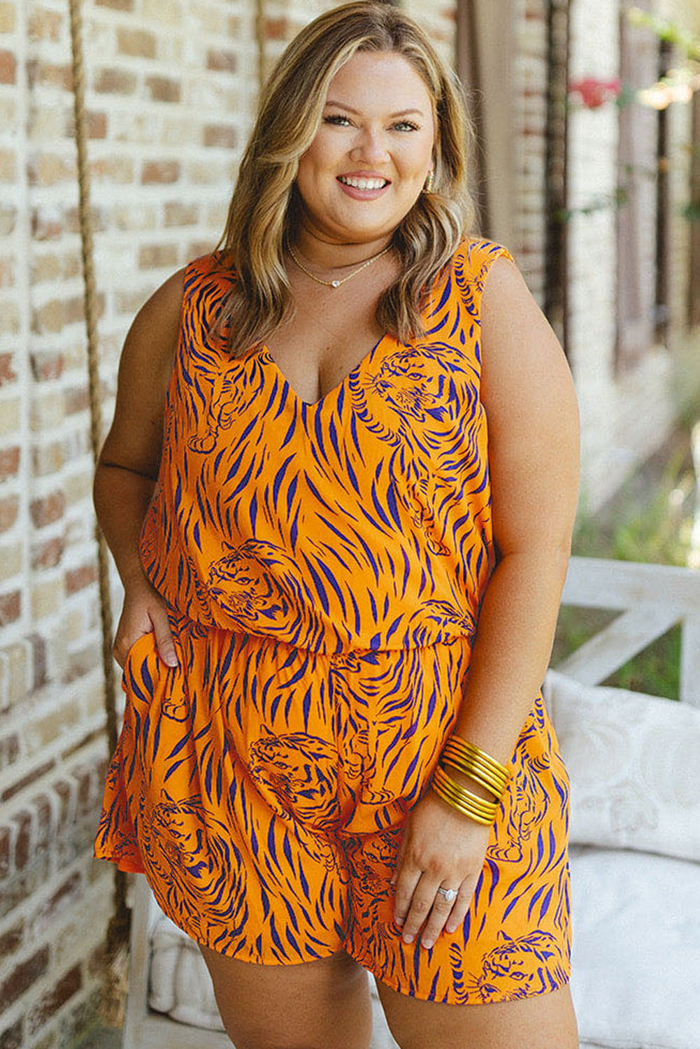 Yellow Plus Size Tiger Print Sleeveless V Neck Romper