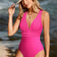 Rose Red Deep V Neck Crossover Backless Ruched High Cut One Piece Swimsuit