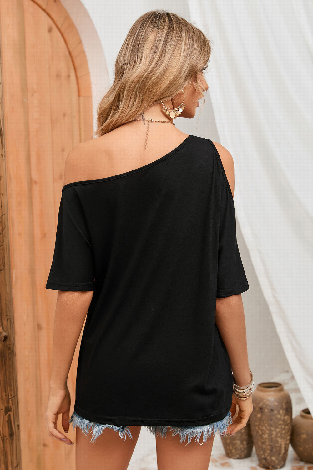 Black Solid Asymmetrical Neck Loose Casual T-Shirt