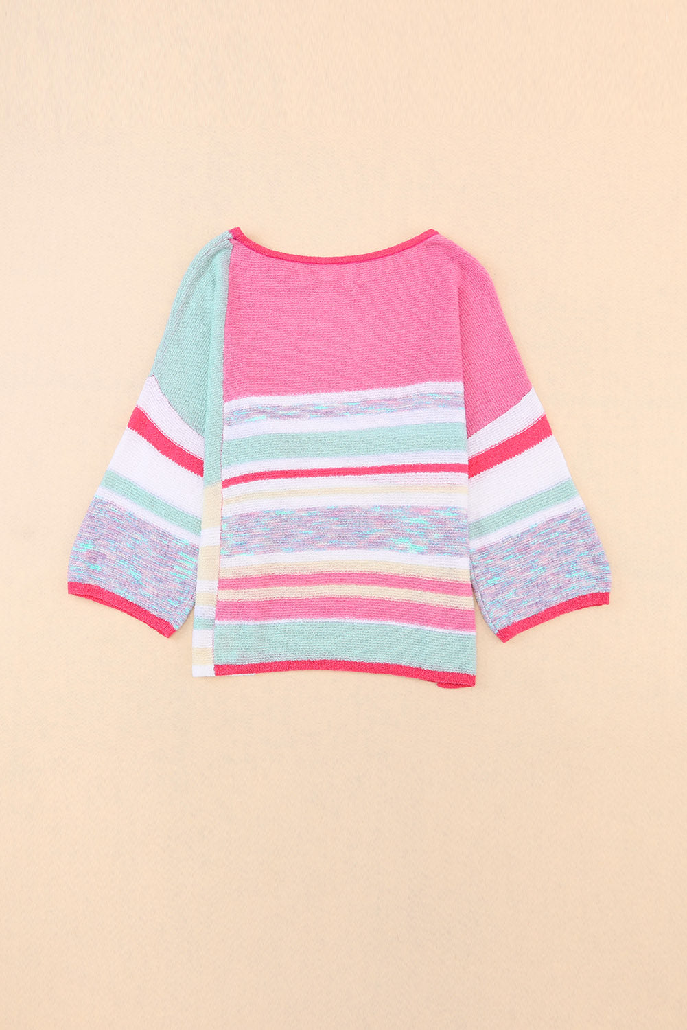 Pink Color Block Striped Three-Quarter Sleeve Knitted Top