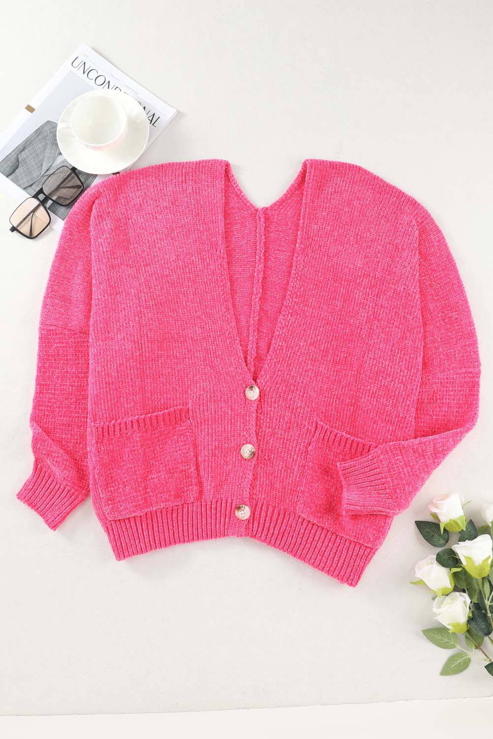 Rose Buttons Front Pocketed Sweater Cardigan