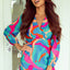 Multicolor Abstract Print Wrap V Neck Puff Sleeve Dress