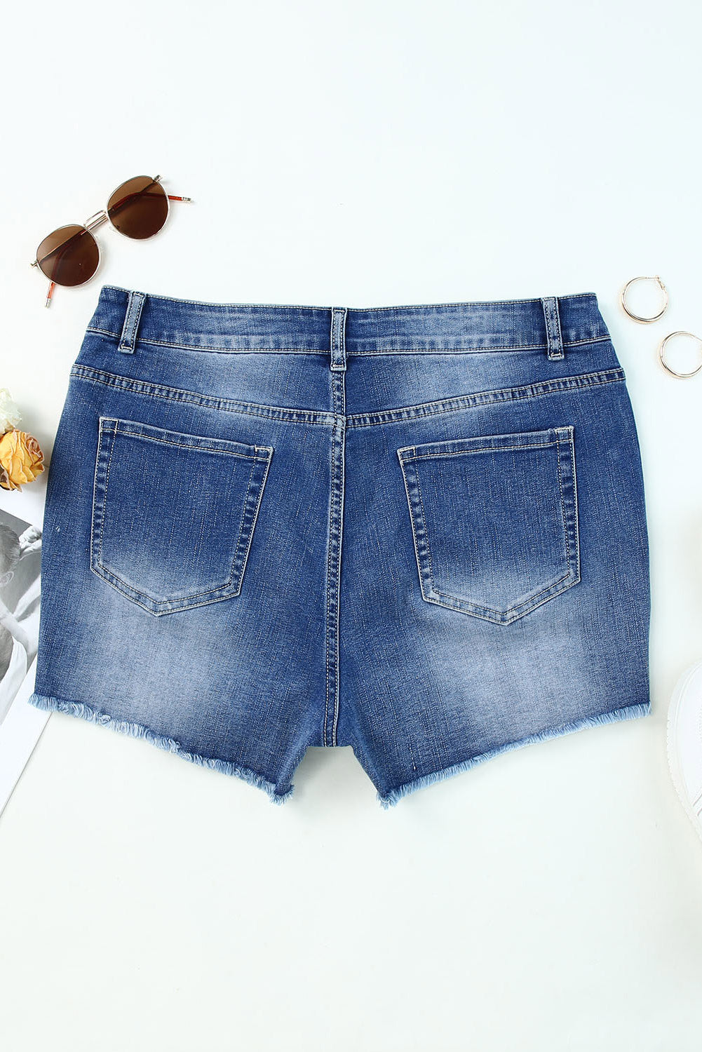 Sky Blue Quintuplicate Button Fly High Rise Plus Denim Shorts