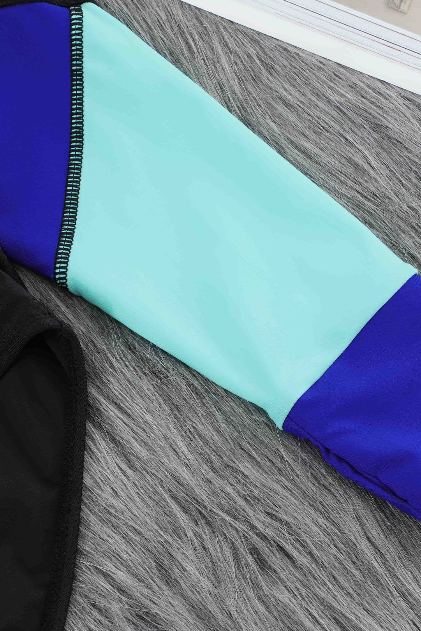 Blue Color Block Zipper Long Sleeve Rash Guard One Piece Swimsuit