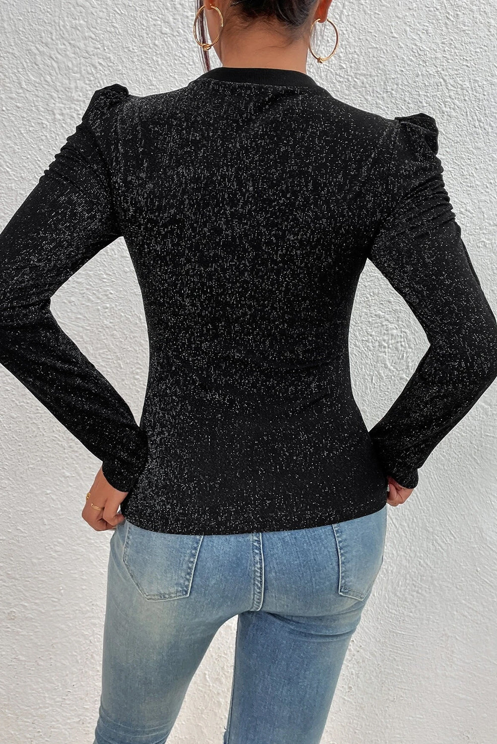 Black Gigot Sleeve Metallic Knit Slim Fit Top