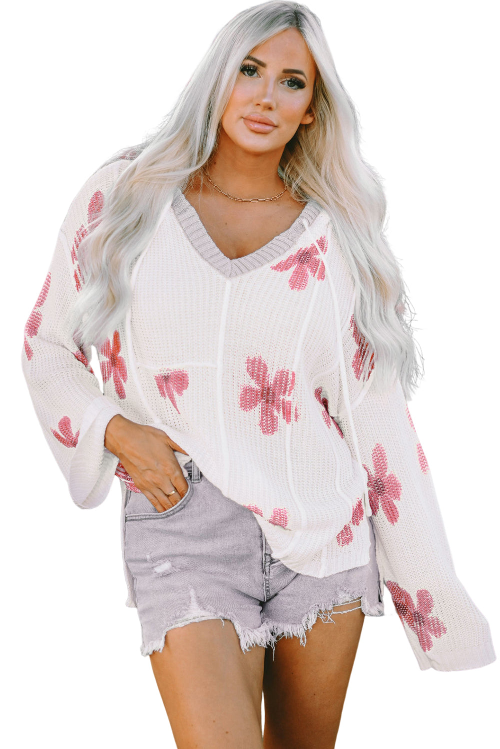 White Floral Print Lightweight Knit Hooded Sweater