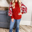 Fiery Red Contrast Mixed Animal Print Lantern Sleeve Patchwork Top