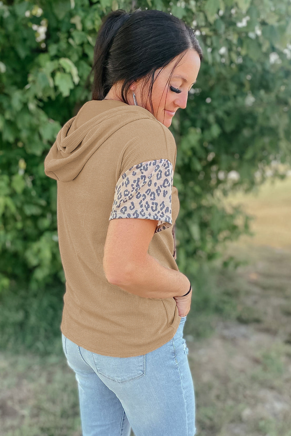 Khaki Leopard Patchwork Drawstring Hooded T Shirt