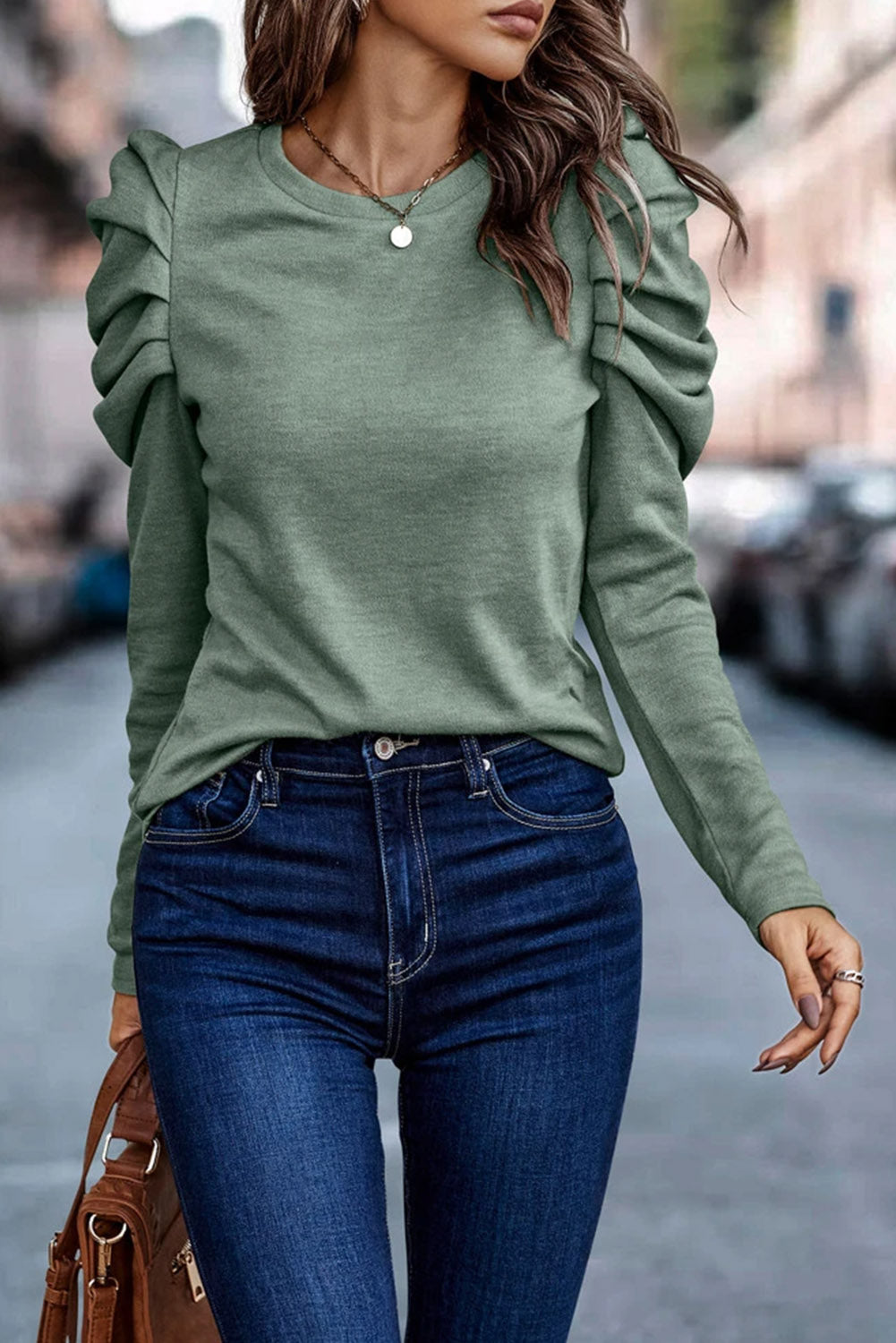 Khaki Buttoned Puff Long Sleeve Sheath Top