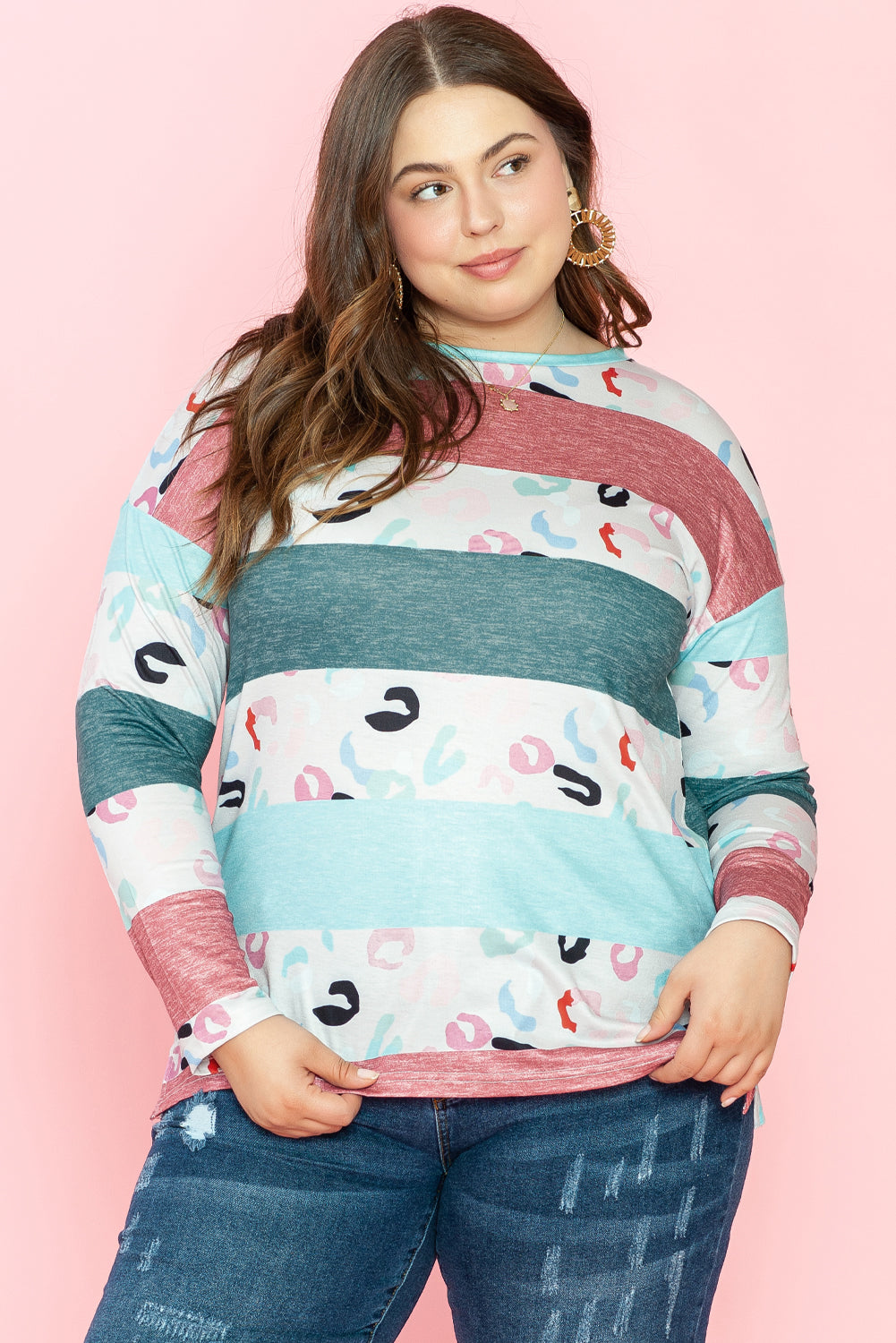 Pink Stripe Plus Size Colorblock Pullover Top