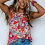 Red Frilled Neck Pleated Boho Floral Tank Top