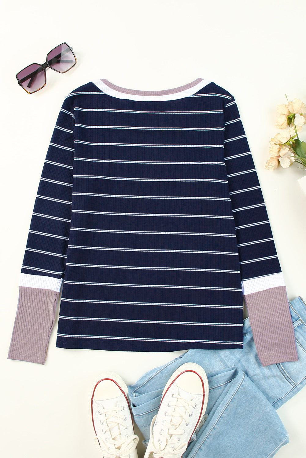 Brown Extend Color Block Cuffs Rib Knit Striped Pullover